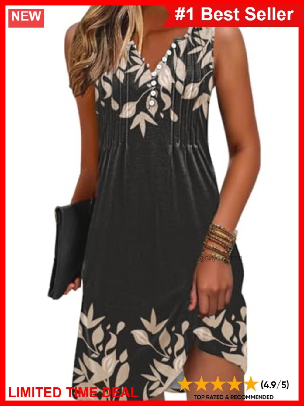 V-Neck Pleated Button Down Sundress Knee Length Boho Beach Dress